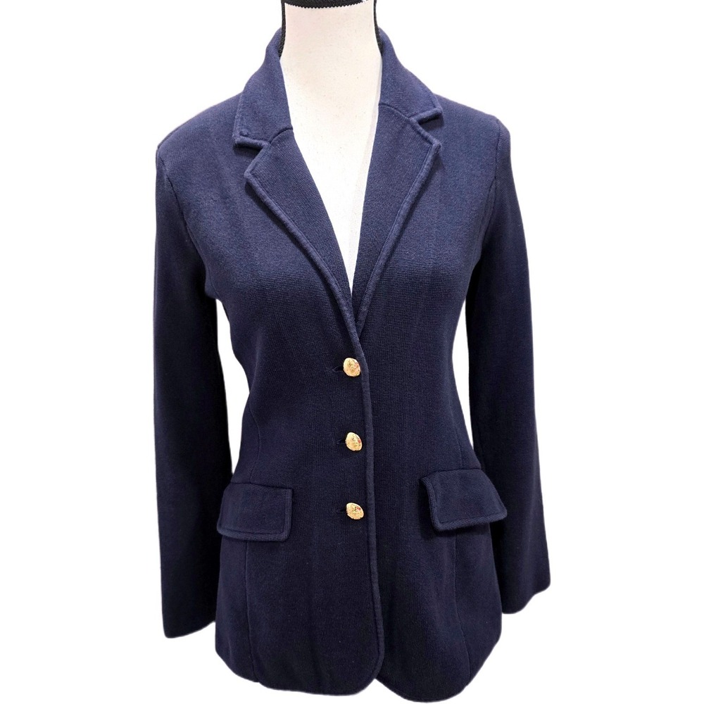 Lauren Ralph Lauren Women's Navy Cotton Knit Blazer Gold Crest Buttons Sz S